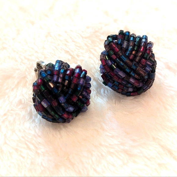 Vintage Multicolor (Blue, Red, Purple) Beaded Button Clip Earrings - Picture 5 of 5